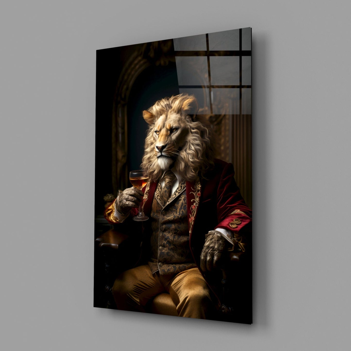 Regal Lion in Red Coat Glass Wall Art