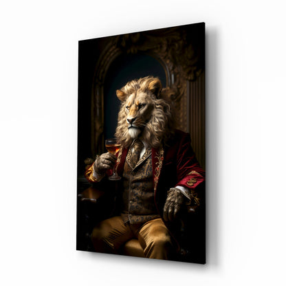 Regal Lion in Red Coat Glass Wall Art