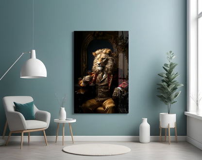 Regal Lion in Red Coat Glass Wall Art