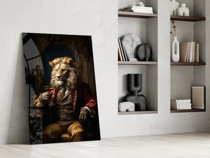Regal Lion in Red Coat Glass Wall Art