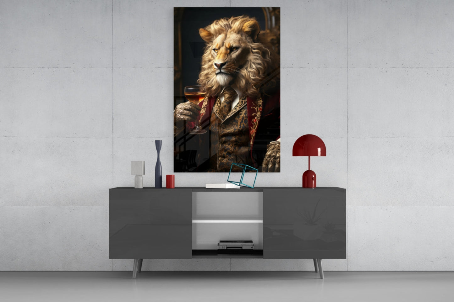 Lion in Crimson Military Coat Glass Wall Art