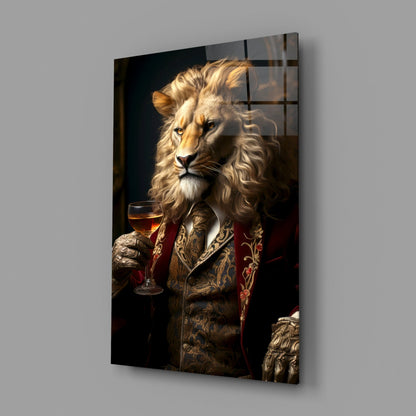 Lion in Crimson Military Coat Glass Wall Art