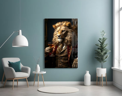 Lion in Crimson Military Coat Glass Wall Art