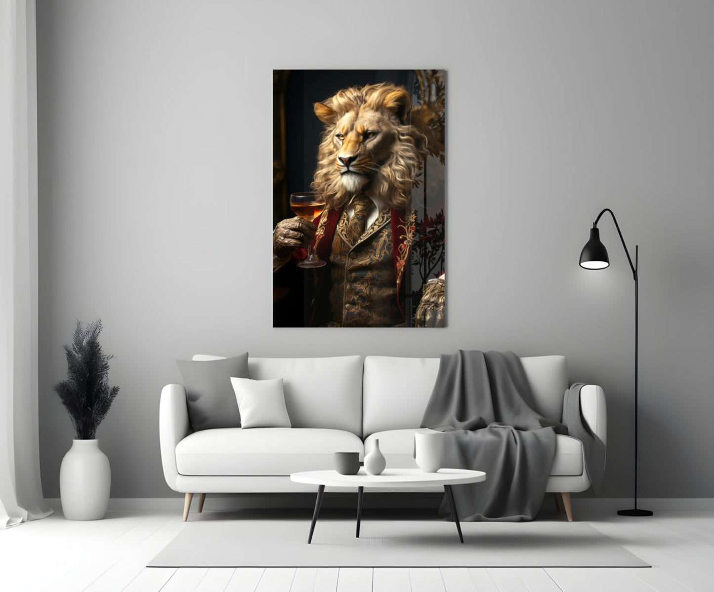 Lion in Crimson Military Coat Glass Wall Art