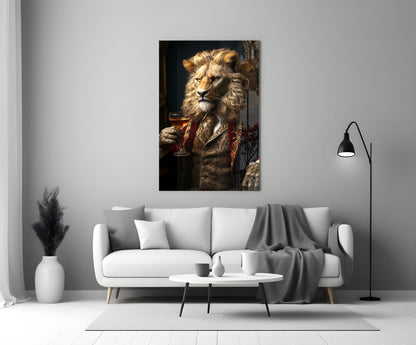 Lion in Crimson Military Coat Glass Wall Art