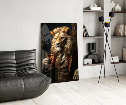Lion in Crimson Military Coat Glass Wall Art