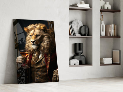 Lion in Crimson Military Coat Glass Wall Art