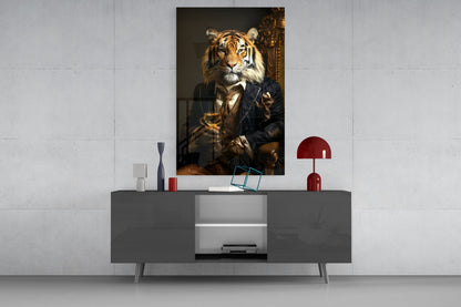 Tiger in Navy Suit Fireside Glass Wall Art