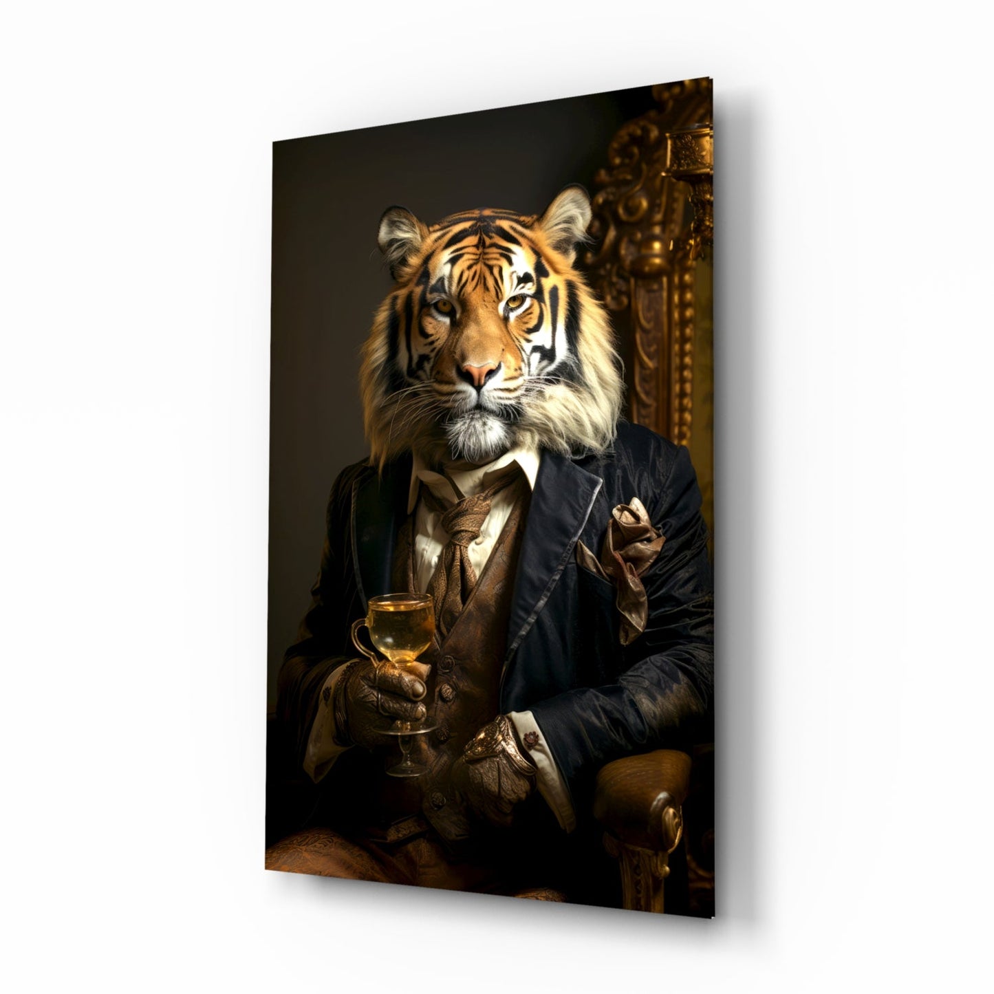 Tiger in Navy Suit Fireside Glass Wall Art
