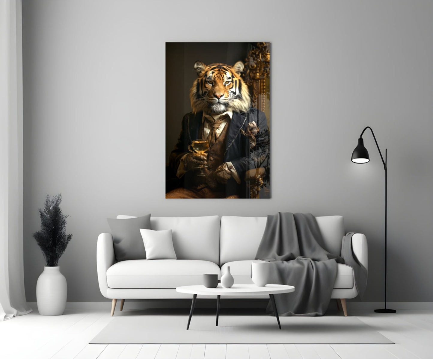 Tiger in Navy Suit Fireside Glass Wall Art