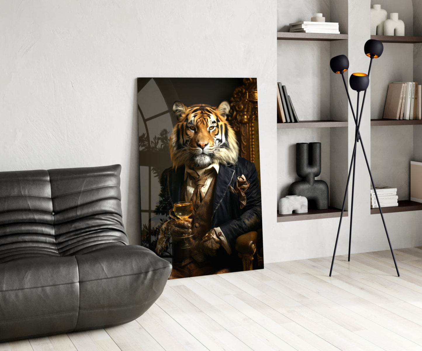 Tiger in Navy Suit Fireside Glass Wall Art