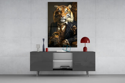 Aristocrat Tiger with Gold Goblet Glass Wall Art