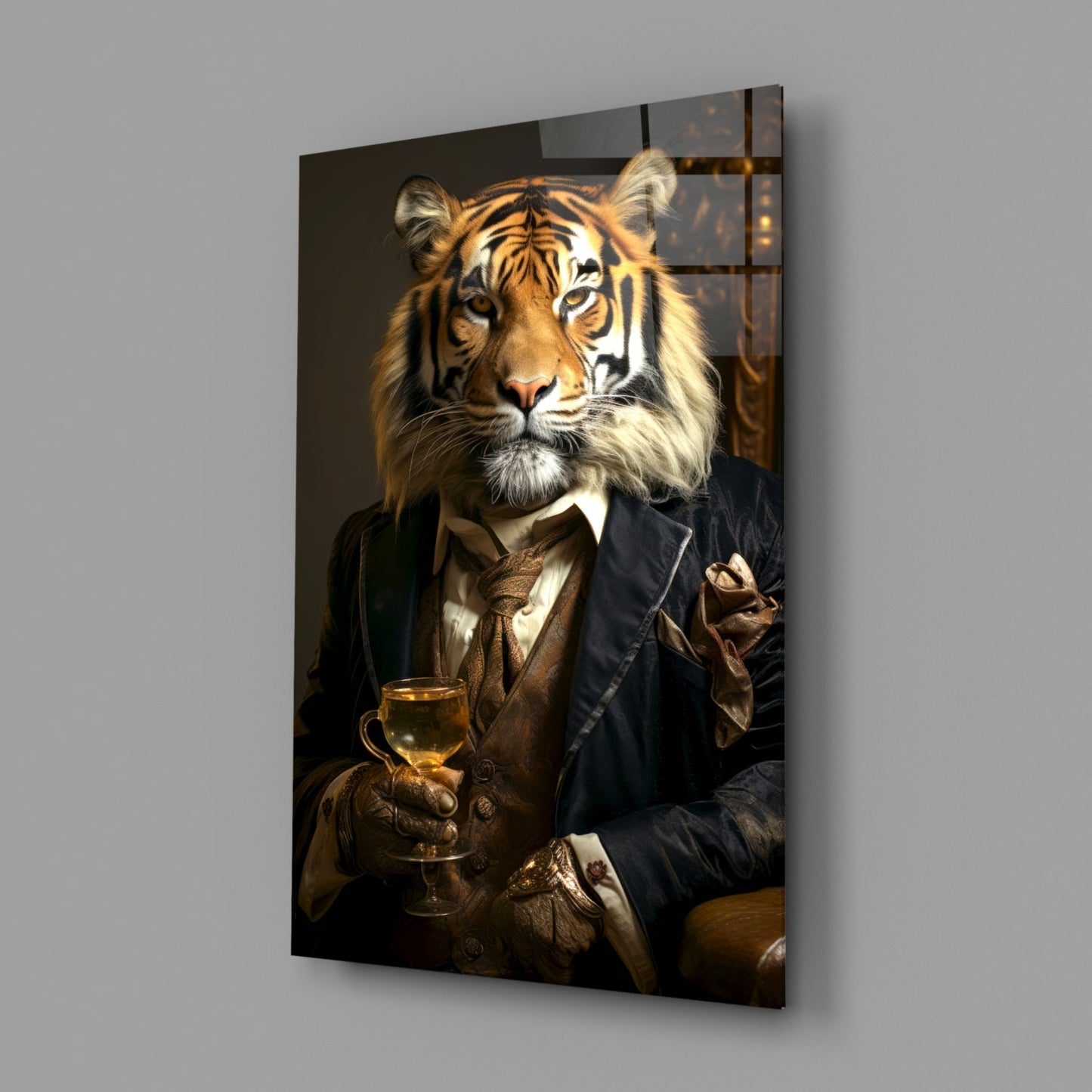 Aristocrat Tiger with Gold Goblet Glass Wall Art