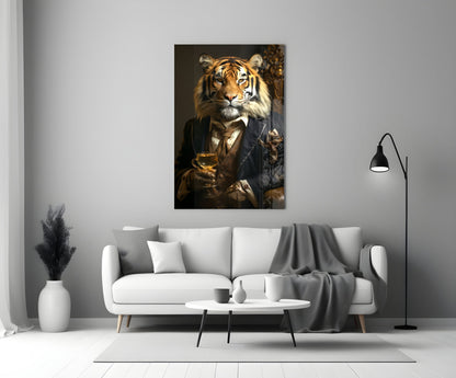 Aristocrat Tiger with Gold Goblet Glass Wall Art
