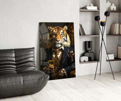 Aristocrat Tiger with Gold Goblet Glass Wall Art