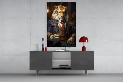 Duke Lion Glass Wall Art displayed above gray media console with red lamp and decorative accessories in modern living room setting.