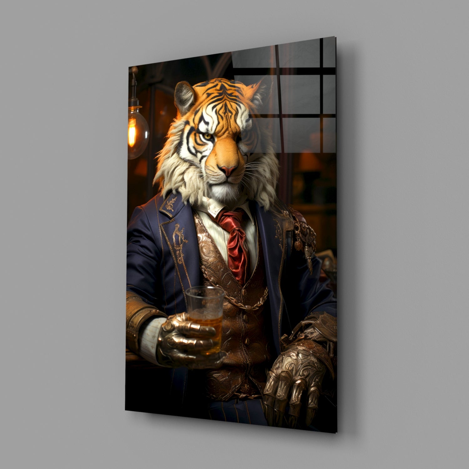 Angled view of glass wall art depicting a tiger in formal navy suit holding a whiskey glass, displayed against gray wall.