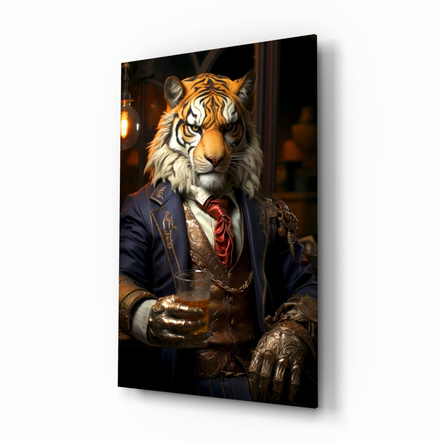 Angled view of glass wall art depicting a tiger wearing a navy blazer and red necktie, holding a whiskey glass against dark background.