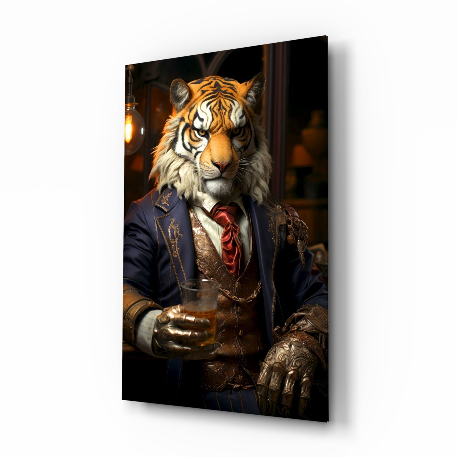 Angled view of glass wall art depicting a tiger wearing a navy blazer and red necktie, holding a whiskey glass against dark background.