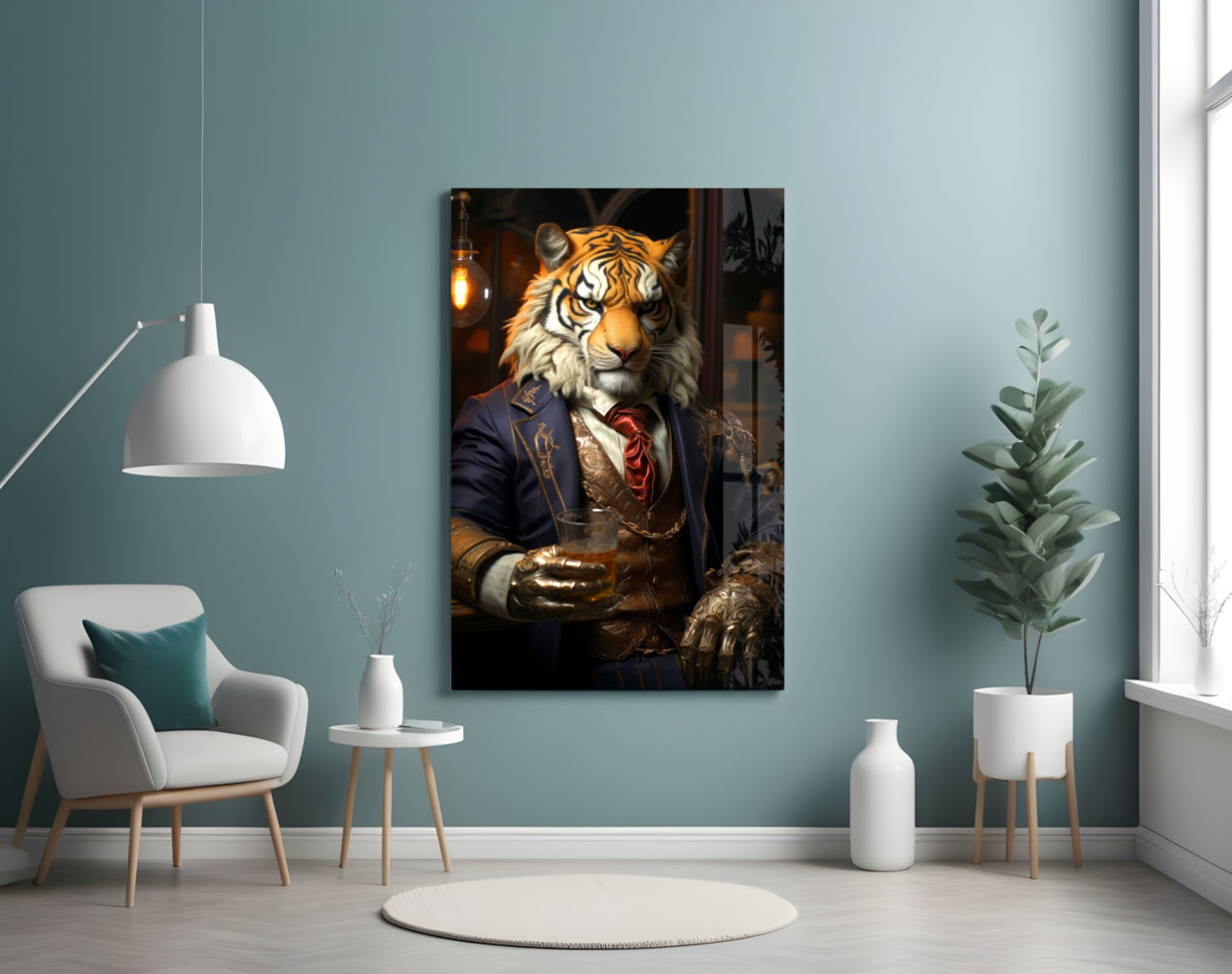 Duke Lion Glass Wall Art mounted on pale blue wall above white chair in modern living room setting.