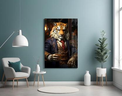 Duke Lion Glass Wall Art mounted on pale blue wall above white chair in modern living room setting.