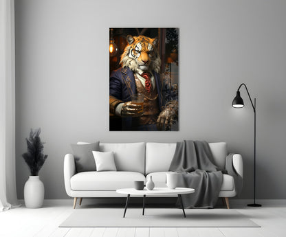Stylized tiger in navy blazer and red tie displayed as glass wall art above white sofa in modern living room.