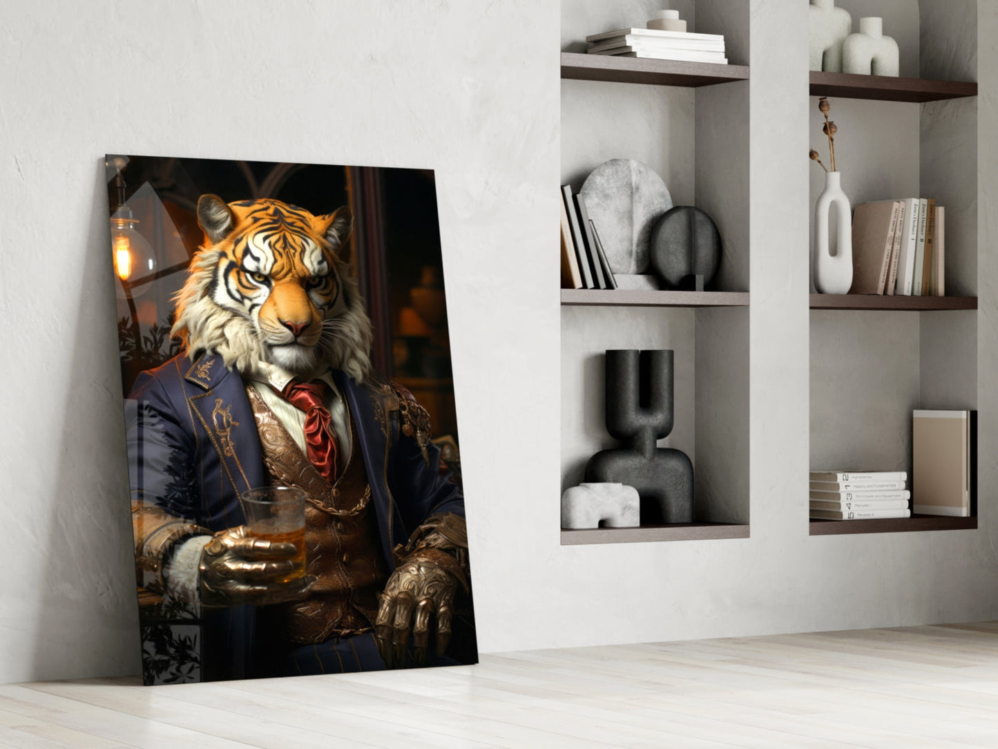 Glass wall art leaning against white wall displays illustrated tiger in navy suit holding whiskey glass, positioned in minimalist interior with shelving.