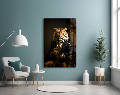 Tiger on Golden Throne Glass Wall Art