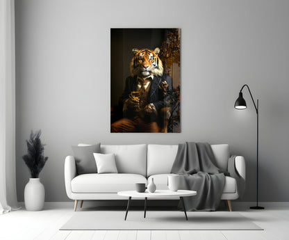 Tiger on Golden Throne Glass Wall Art