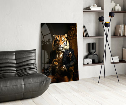 Tiger on Golden Throne Glass Wall Art