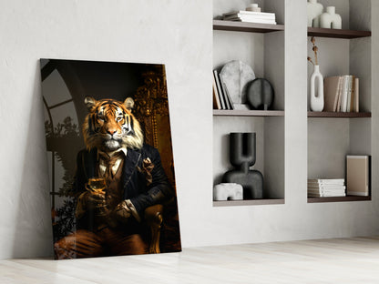 Tiger on Golden Throne Glass Wall Art