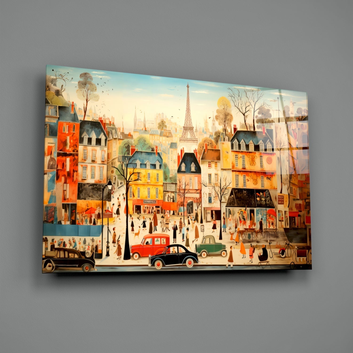 Vibrant glass wall art depicting a colorful Parisian street scene with vintage cars, buildings, and the Eiffel Tower in warm autumn tones.