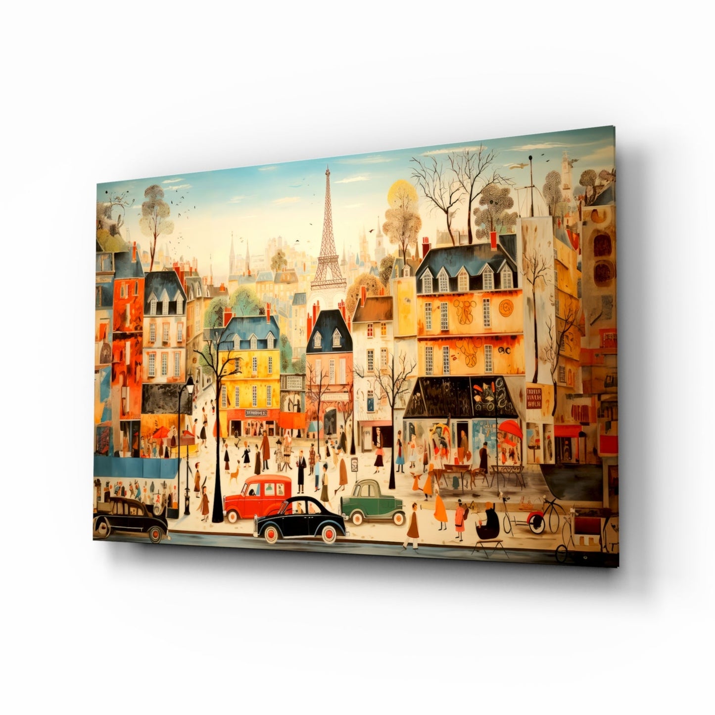 Angled perspective of framed glass wall art depicting a colorful illustrated Parisian street scene with buildings, Eiffel Tower, vintage cars, and pedestrians.