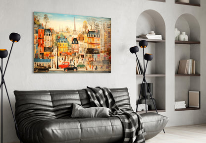 Colorful illustrated Paris cityscape canvas hanging above black leather sofa in modern living room with built-in shelving.