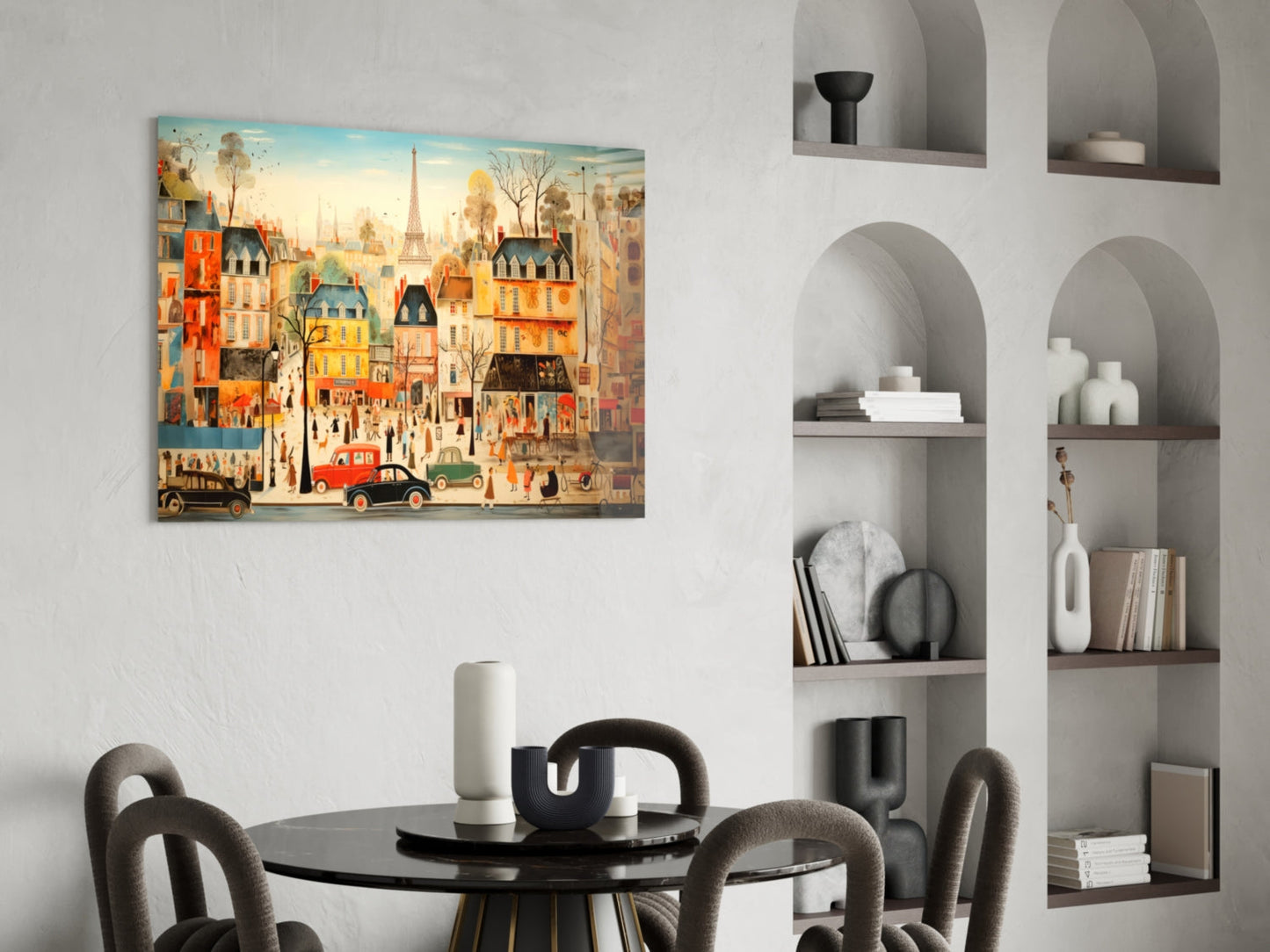 Colorful illustration of Paris street scene with Eiffel Tower, buildings, and cars displayed above round black dining table with gray chairs.