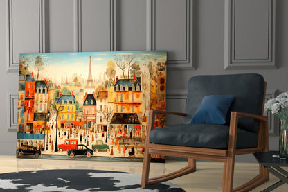 Illustrated glass wall art depicting a vibrant Paris street scene with colorful buildings, the Eiffel Tower, vintage cars, and pedestrians, displayed in a modern living room beside a wooden rocking chair.