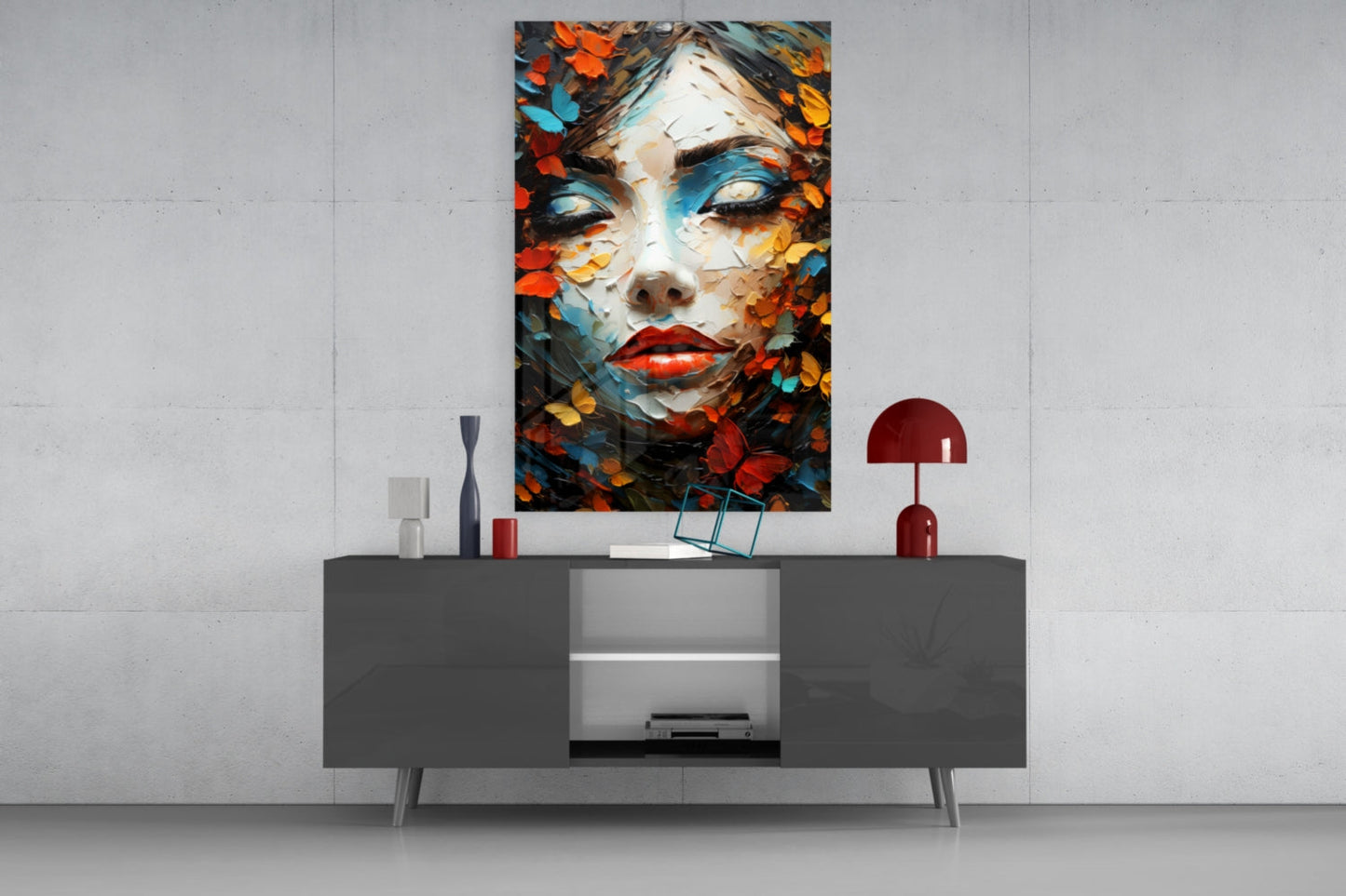 Red Lips Palette Knife Woman in Leaves Glass Wall Art