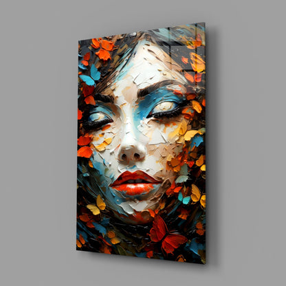 Red Lips Palette Knife Woman in Leaves Glass Wall Art