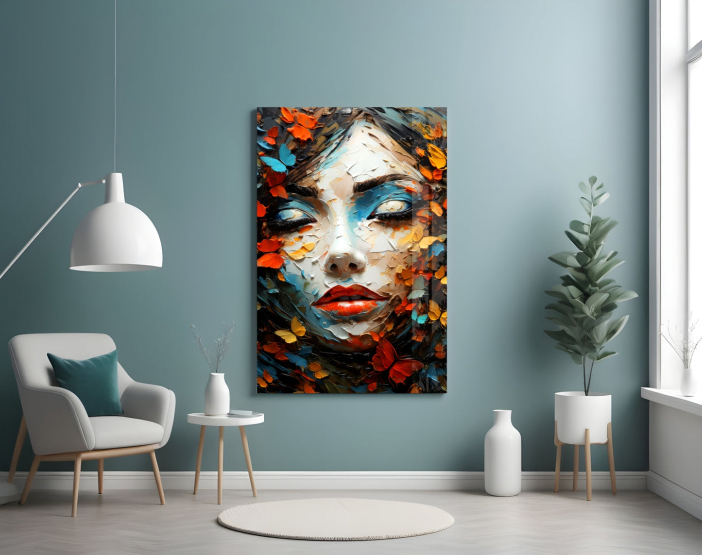 Red Lips Palette Knife Woman in Leaves Glass Wall Art