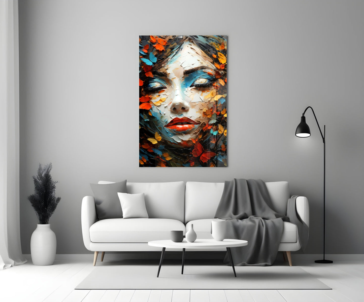 Red Lips Palette Knife Woman in Leaves Glass Wall Art
