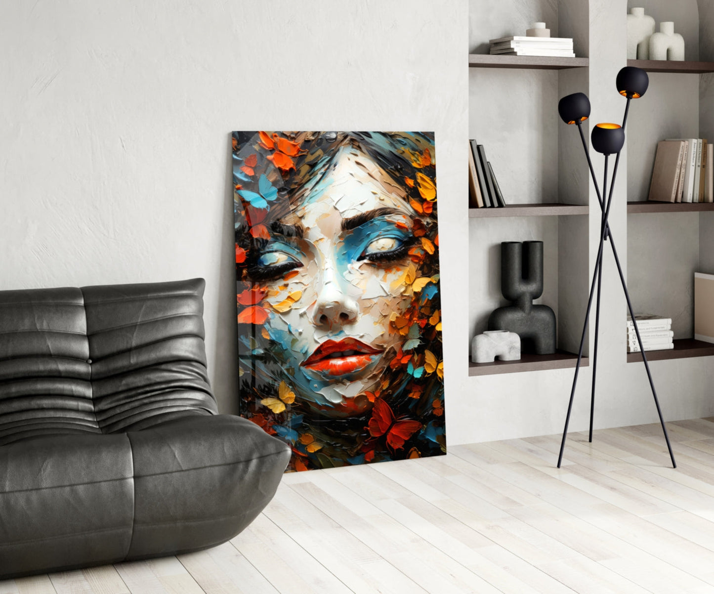 Red Lips Palette Knife Woman in Leaves Glass Wall Art