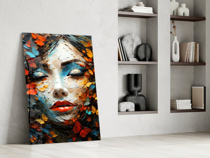 Red Lips Palette Knife Woman in Leaves Glass Wall Art