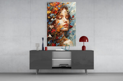 Butterflies in Hair Dreaming Woman Glass Wall Art