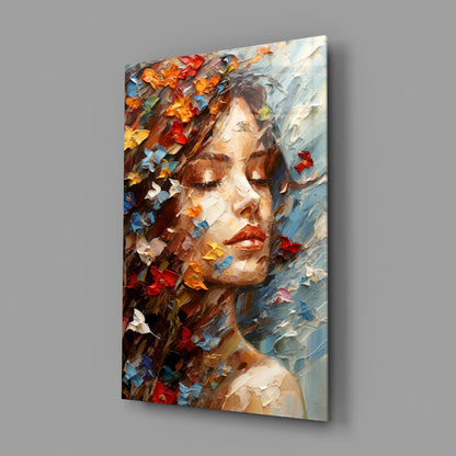 Butterflies in Hair Dreaming Woman Glass Wall Art