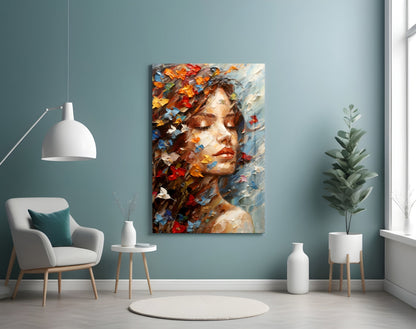 Butterflies in Hair Dreaming Woman Glass Wall Art