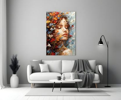 Butterflies in Hair Dreaming Woman Glass Wall Art