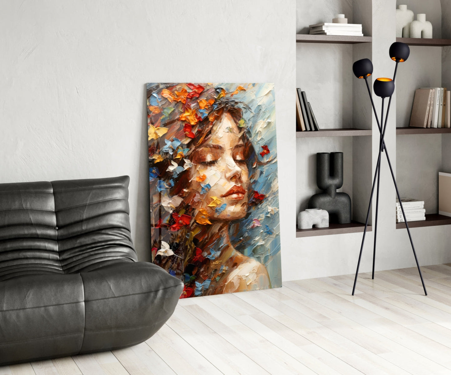 Butterflies in Hair Dreaming Woman Glass Wall Art