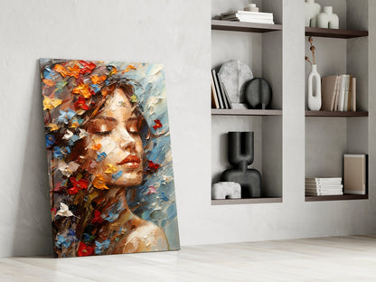 Butterflies in Hair Dreaming Woman Glass Wall Art