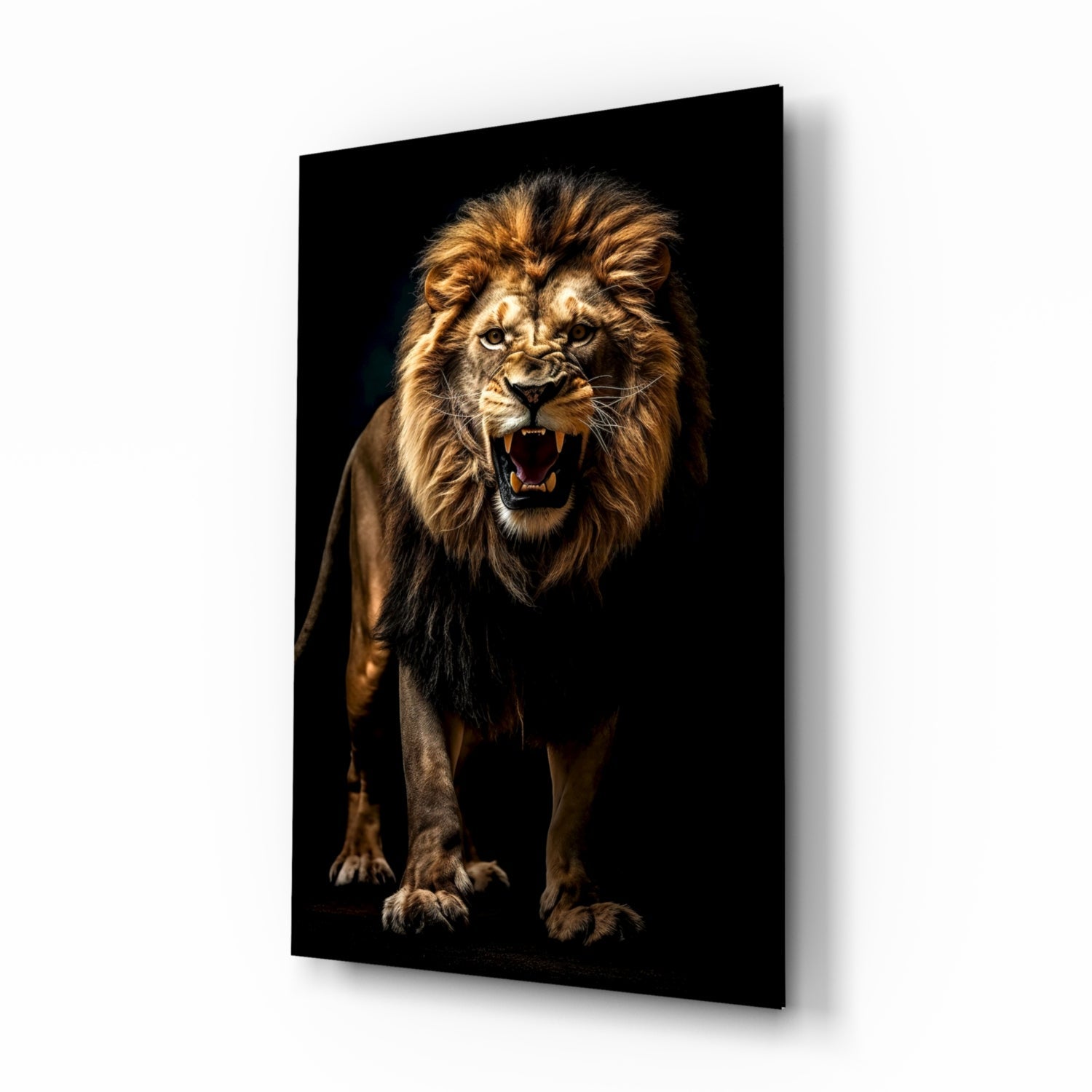 A roaring lion with golden mane and bared teeth is displayed on a black glass wall panel against a dark background.