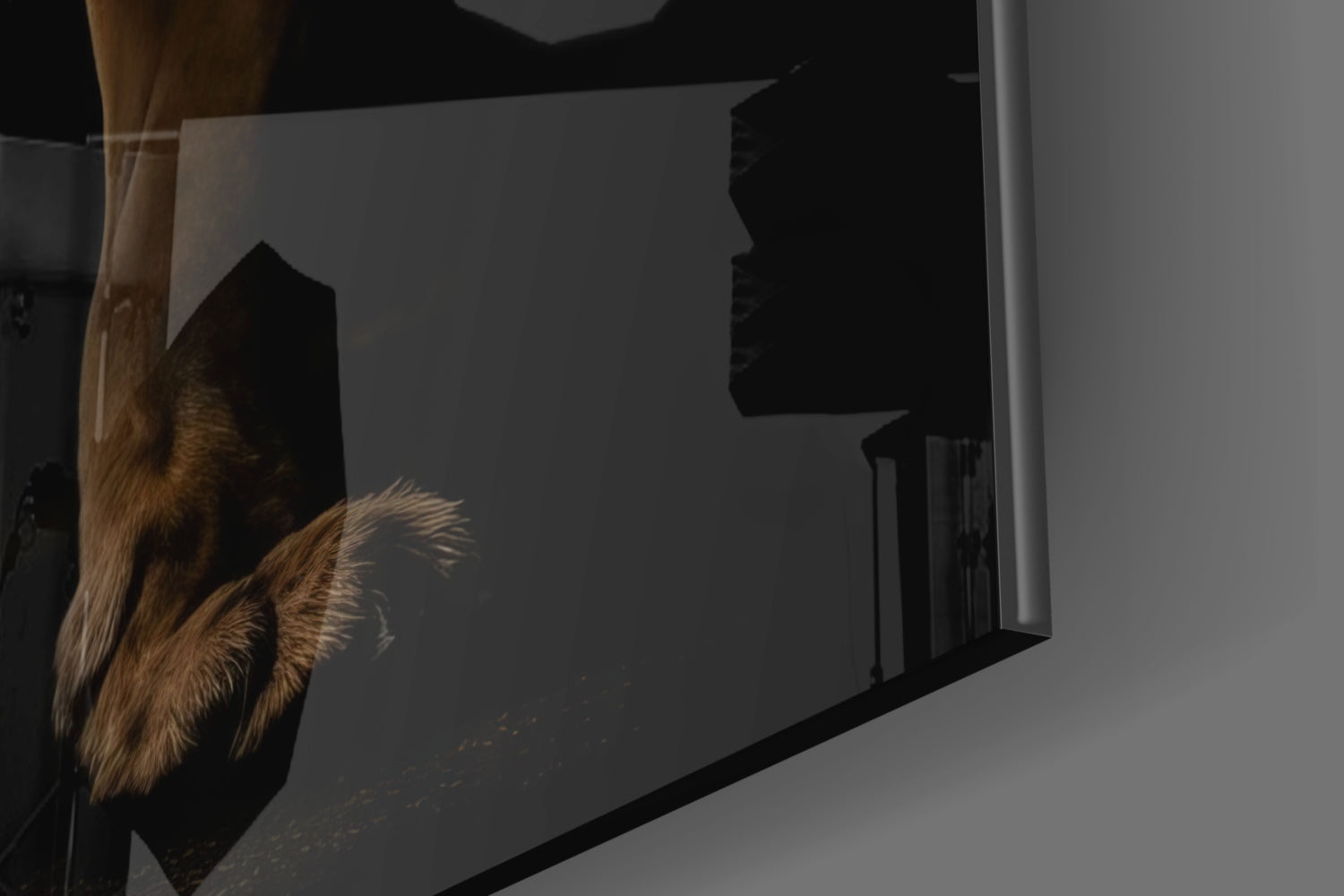 Close-up side view of lion glass wall art with golden mane against dark background and gray wall.